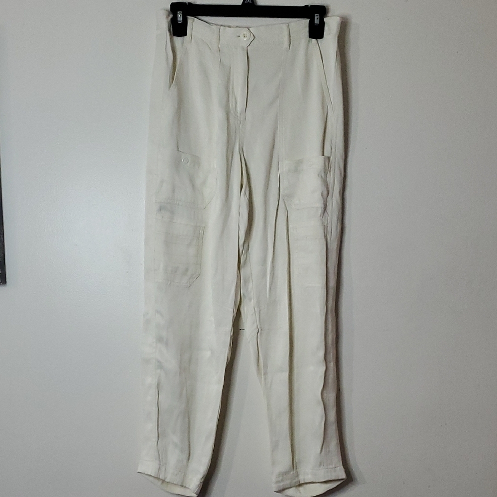Anthropologie Maeve Ivory White Satin Cargo Pants Size 4 Elastic Waist Trouser